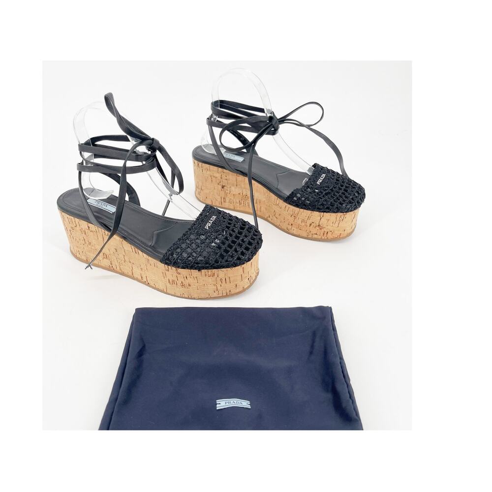 Prada Black Raffia Crochet Logo Cork Platform Lace Up Ankle Tie Sandals IT 41